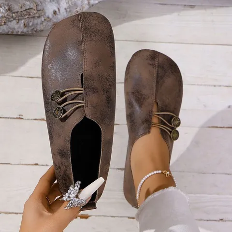Zapatos Planos Informales de Cuero PU Suave para Mujer Punta Redonda Boca Poco Profunda Slip-on Con Hebillas de Metal