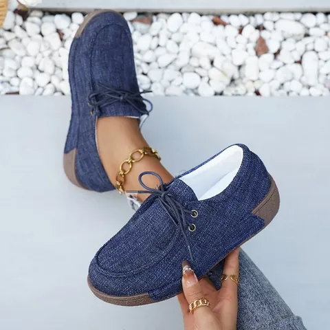 Dames Canvas Schoenen Denim Stof Dikke Platformzool Instappers Ademend Antislip Casual Wandelen Flats Voor Dames Retro Schoenen