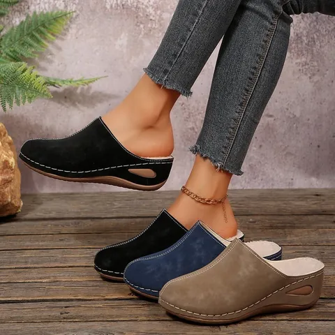 Women Wedge Mules Fleece Lined Winter Slippers Platform Closed Toe Synthetic Leather House Shoes Contrast Stitching Warm Outdoor Slippers