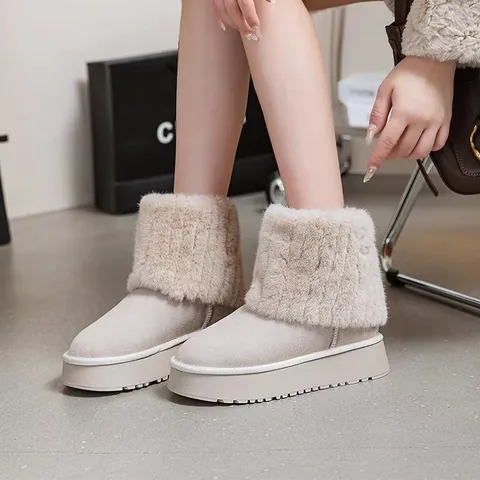 Women Ankle Snow Boots Artificial PU Leather Warm Artificial Fur Lining Platform Short Boots Round Toe Casual Winter Shoes