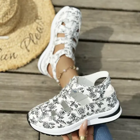 Damen Keilsandaletten Mit Blumenmuster Plateau Sportlich Lässige Strandschuhe Verstellbarer Klettverschluss PU Leder Wanderschuhe Große Auswahl