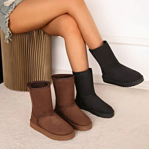Women Winter Retro Snow Boots Suede-look Artificial Plush Lined Warm Mid-Calf Boots Non-Slip Thick Sole Cotton Shoes