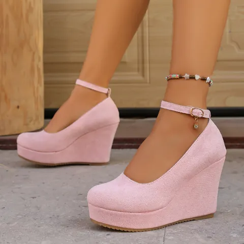 Women Fashion Faux Suede Wedge Pumps Round Toe High Platform Ankle Strap Heels Office Party Shoes Solid Color Wedge Dress Shoes