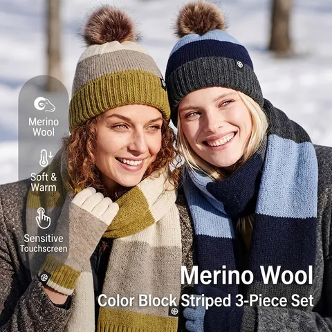 Women Winter Warm Knit Hat Scarf Gloves Set Wool Blend Striped Color Block Beanie With Pompom Outdoor Fashion 3-Piece Set