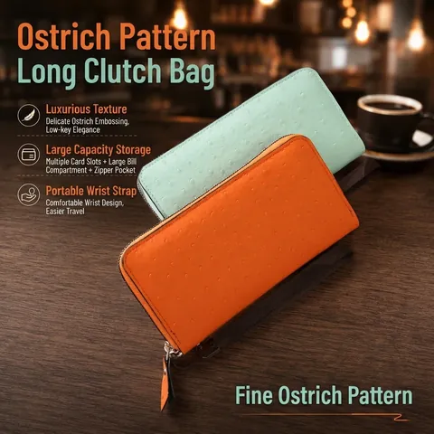 Women Long Wallet Ostrich Pattern PU Leather Zipper Around Large Capacity Clutch Purse With Wristlet Strap Elegant Fashion