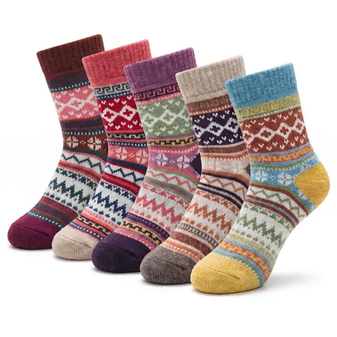 Women Retro Ethnic Style Thick Warm Middle Tube Socks Winter Jacquard Coarse Knit Multicolor Outdoor Casual Socks For Women