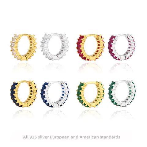 Baguette Geslepen Kleurrijke Zirkonia Hoop Oorbellen 925 Sterling Zilveren Geometrische Huggie Sieraden Voor Dames