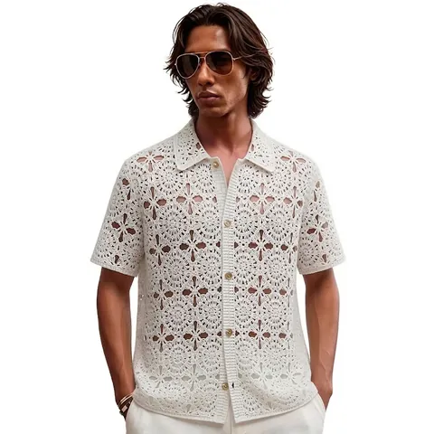 Men Crochet Hollow Out Polo Shirt Short Sleeve Lapel Cardigan Knitwear Casual Resort Style Acrylic Knit Shirt For Summer
