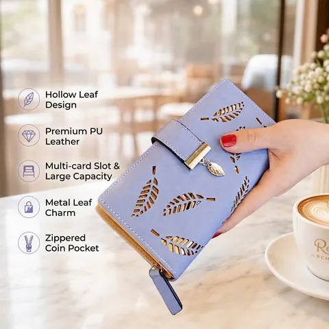 Portafoglio Lungo Da Donna In Pelle PU Design A Foglia Cava Pochette Con Cerniera Fibbia Portacarte Elegante