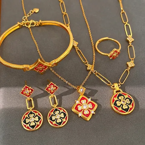 Parure de Bijoux Fleur en Zirconia Cuivre Plaqué Or 24K Vintage Collier Boucles d'Oreilles Bracelet Bague pour Femme Luxe Élégant