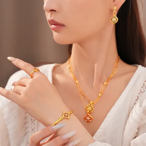 Parure de Bijoux Fleur en Zirconia Cuivre Plaqué Or 24K Vintage Collier Boucles d'Oreilles Bracelet Bague pour Femme Luxe Élégant