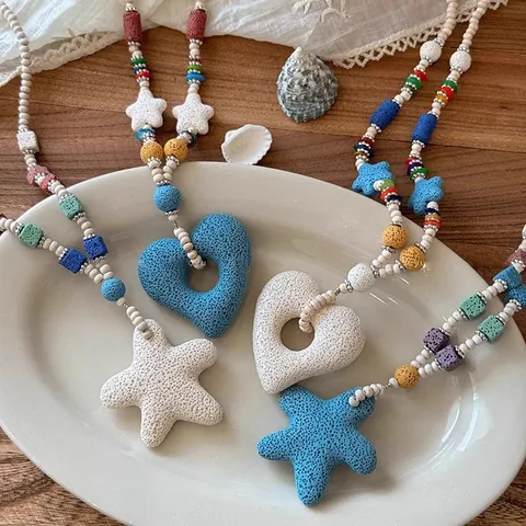 Handmade Colorful Volcanic Stone Beaded Necklace Starfish Heart Pendant Beach Vacation Style Long Sweater Chain For Women