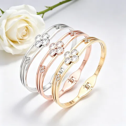 Klee Armreif Edelstahl Strass Eingelegt Offene Feder Manschette Glück Vierblättrige Blume Schmuck Geschenk Für Damen Elegante Accessoires