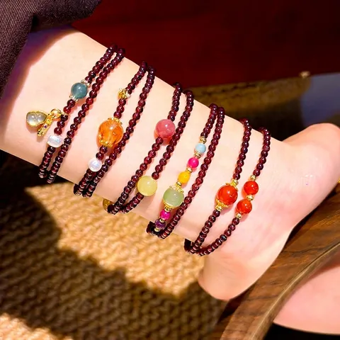 Vintage New Chinese Style Garnet Beaded Bracelet Women Red Agate Artificial Pearl Colorful Natural Stone Hand String Jewelry