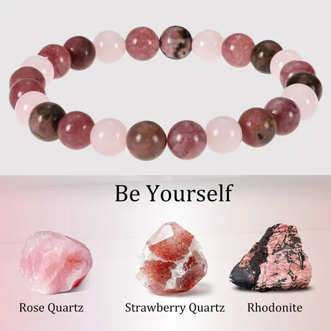 Natural Stone Healing Crystal Beaded Bracelet Be Yourself Triple Protection Rose Quartz Strawberry Quartz Amethyst Bracelet for Men Women Jewelry Gift