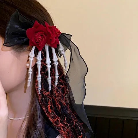 Dark Gothic Halloween Bow Hair Clip With Red Rose Skeleton Bone Hand And Black Lace Tassels For Cosplay Party Women Accessory