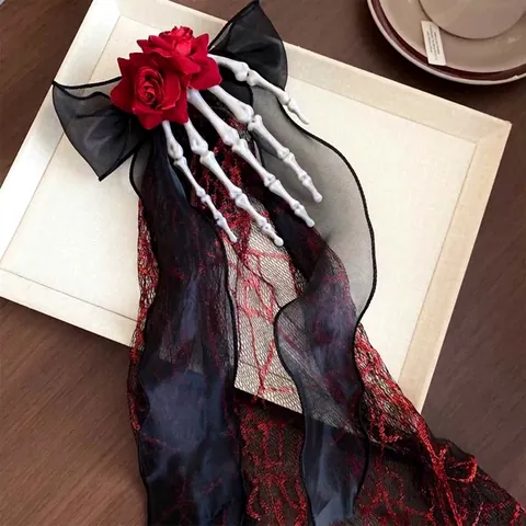 Dark Gothic Halloween Bow Hair Clip With Red Rose Skeleton Bone Hand And Black Lace Tassels For Cosplay Party Women Accessory