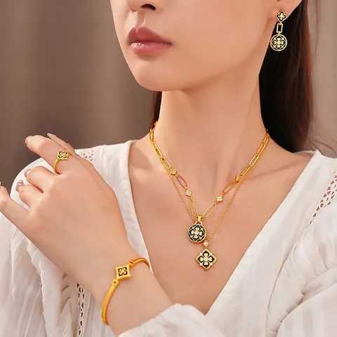 Colección de Joyería Chapada en Oro con Circonia y Esmalte Collar Pendientes Pulsera Anillo para Mujer Vintage Bijoux