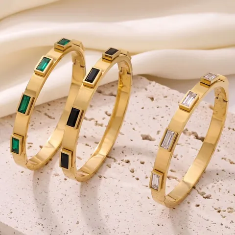 Brazalete de Lujo de Acero Inoxidable para Mujer con Circonia Baguette Incrustada Chapado en Oro Joyería de Moda Diaria