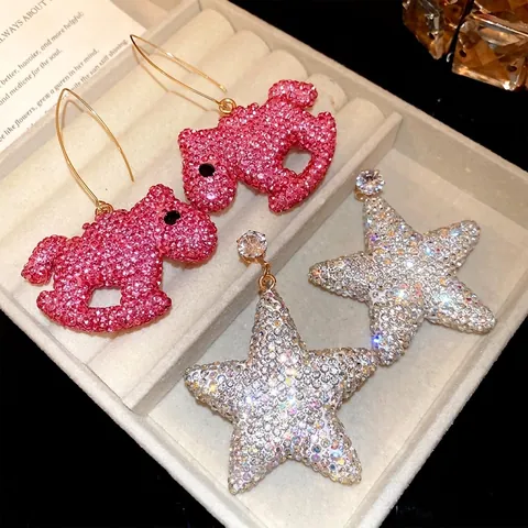Copper Rhinestone Clay Star Horse Pendant Earrings With Silver Earring Post For Women Fashion Jewelry Dangle Earrings