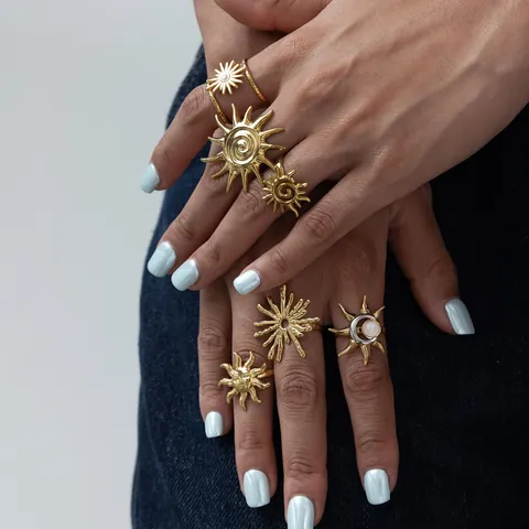 Bohemian Edelstahl Sonne Mond Ring Für Damen Vergoldeter Naturstein Strass Verstellbarer Vintage Schmuck Geschenk