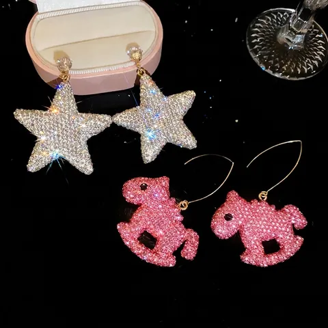 Sparkly Rhinestone Clay Rocking Horse Star Pendant Earrings Fashion Exaggerated Jewelry Gift For Women Pink AB Color Earrings