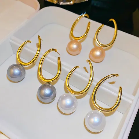 Orecchini Pendenti con Perle Artificiali Rotonde Geometriche Vintage Francesi per Donna Gioielli in Lega Placcati Oro