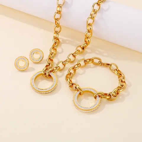 Set di Gioielli Hip Hop Catena Grossa Circolare Cava con Strass in Acciaio al Titanio da Donna Collana Bracciale Orecchini