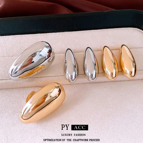 Pendientes de Botón Espejo Lisos Ovalados de Gota de Agua Minimalistas para Mujer Anillo de Dedo Abierto de Aleación Joyería Regalo