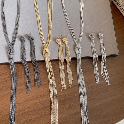 Knotted Tassel Chain Necklace Earring European Minimalist Jewelry Plated Iron Long Tassel Neckwear Earring For Women Party