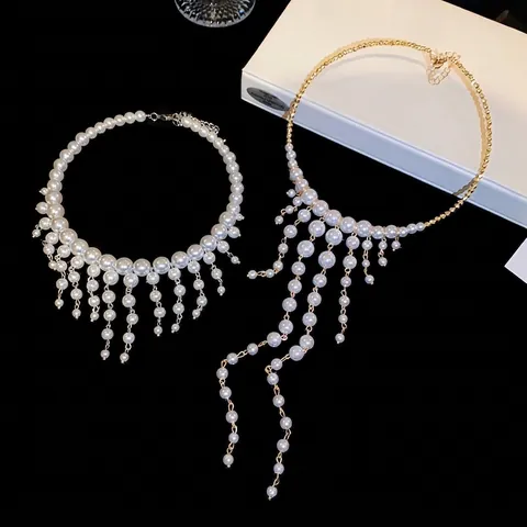 French Palace Vintage Artificial Pearl Tassel Choker Necklace Luxury Rhinestone Fringe Collar Neck Chain For Women Wedding Banquet