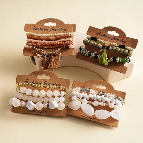 Boheems Retro 4 Stuks Kralen Armband Set Voor Vrouwen Acryl Glas Strass Vlinder Kwastje Bedel Sieraden