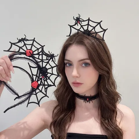 Serre Tête Toile Araignée Style Gothique Sombre Collier Halloween Set Satin Strass Rose Noir Rouge Fête Femme Bijoux
