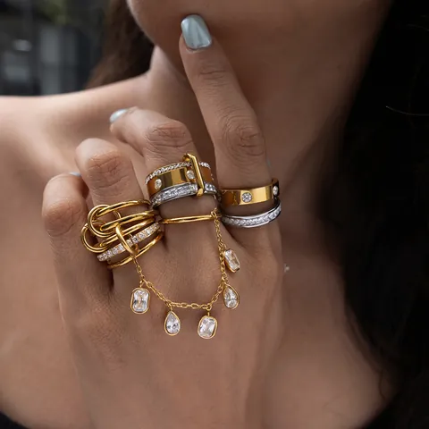 Edelstahl Geometrische Stapelring Set Für Damen Gold Silber Galvanisiert Büroklammer Link Strass Hänger Fingerring Schmuck