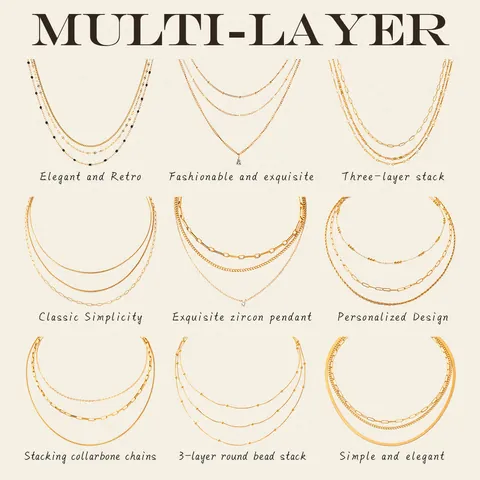 Layered Stainless Steel Necklace For Women 18K Gold Plated Three-Layer Choker Snake Chain Geometric Pendant Jewelry Gift