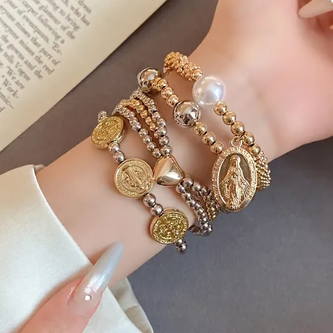 Women Fashion Beaded Stretch Bracelet Heart Artificial Pearl Portrait Coin Pendants Gold Silver Alloy Elastic Bracelet Boho Chic Jewelry