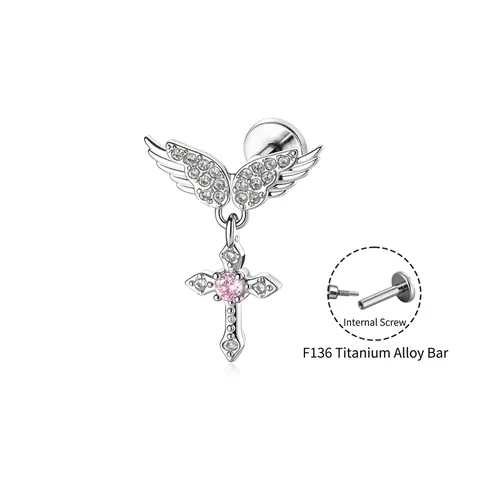 Titanium Alloy Angel Wings Cross Pendant Piercing Cartilage Stud For Women Cool Sweet Style Rhinestone Body Jewelry