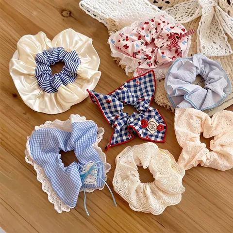 Korean Style Lace Fabric Scrunchies Sweet Gingham Cherry Polka Dot Large Hair Ties For Women Handmade Bowknot Hair Accessories