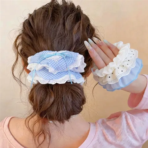 Korean Style Lace Fabric Scrunchies Sweet Gingham Cherry Polka Dot Large Hair Ties For Women Handmade Bowknot Hair Accessories