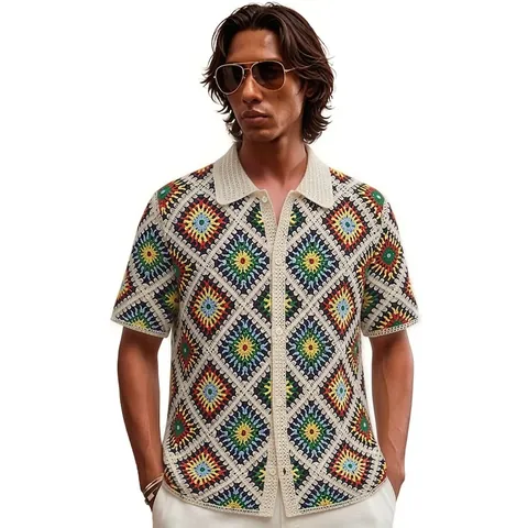 Men's Vintage Crochet Knit Polo Shirt Retro Argyle Hollow Out Short Sleeve Cardigan Knitwear Casual Resort Style Top