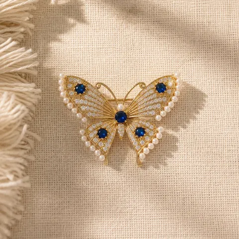 Elegant Alloy Butterfly Brooch For Women Gold Plated With Blue Rhinestone And Artificial Pearl Luxury Fashion Apparel Accessories
