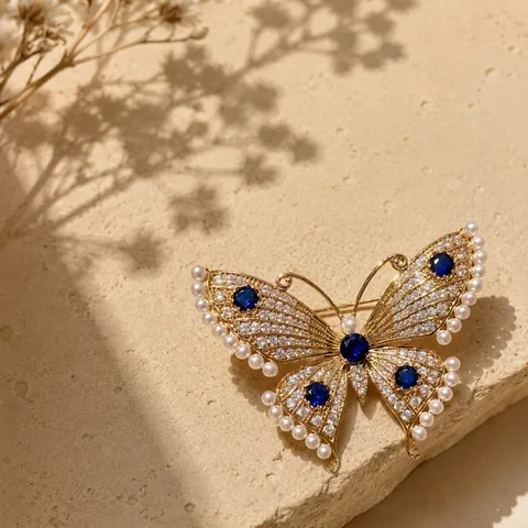 Elegant Alloy Butterfly Brooch For Women Gold Plated With Blue Rhinestone And Artificial Pearl Luxury Fashion Apparel Accessories