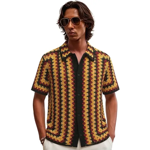Cárdigan de Punto de Rayas Retro Americano para Hombre Verano Transpirable de Manga Corta Casual Polo de Crochet
