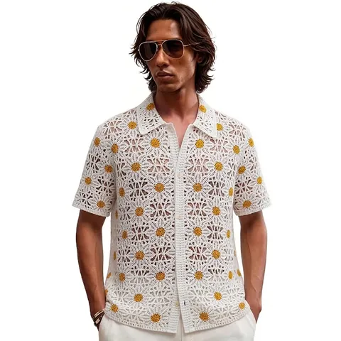 Heren Vakantie Stijl Madeliefje Jacquard Opengewerkt Gebreid Poloshirt Zomer Casual Korte Mouw Top met Knopen Wit Geel