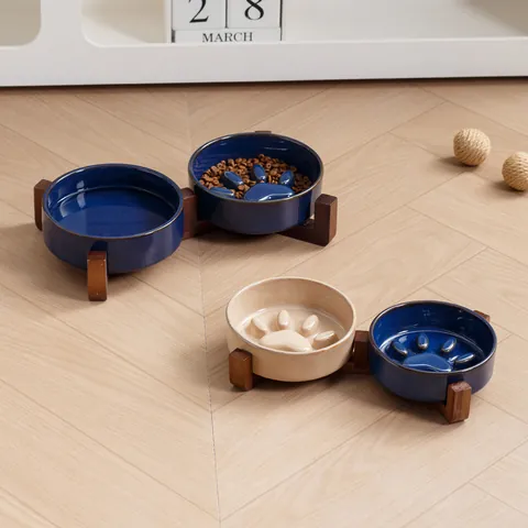 Japanischer Keramik Haustiernapf Ofenglasur Slow Feeder Anti-Verschlucken Hund Katze Futternapf Mit Erhöhtem Holzständer