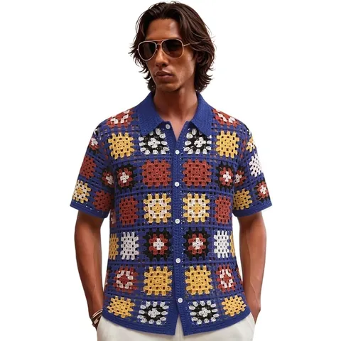 Men's Summer Crochet Hollow Out Knit Polo Shirt Vintage Granny Square Short Sleeve Button Down Cardigan Navy Blue Casual Top