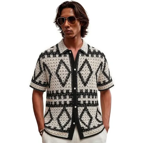 Men's Retro Argyle Crochet Hollow Knit Polo Shirt Short Sleeve Button Down Top Acrylic Casual Summer Beachwear Shirt