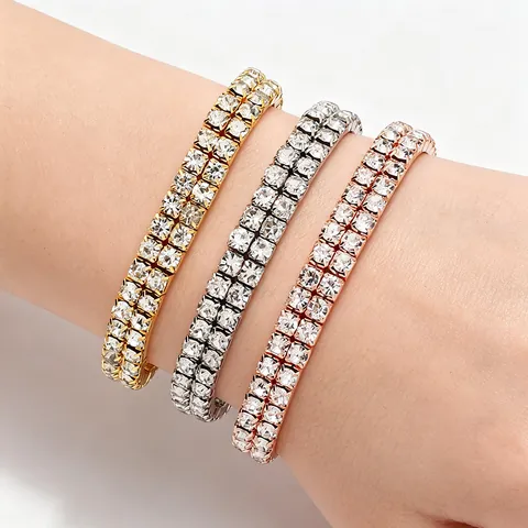 Elegante Enkele Of Dubbele Rij Strass Tennis Armband Voor Dames Legering Zirconia Elastische Armring Iced Out Sieraden