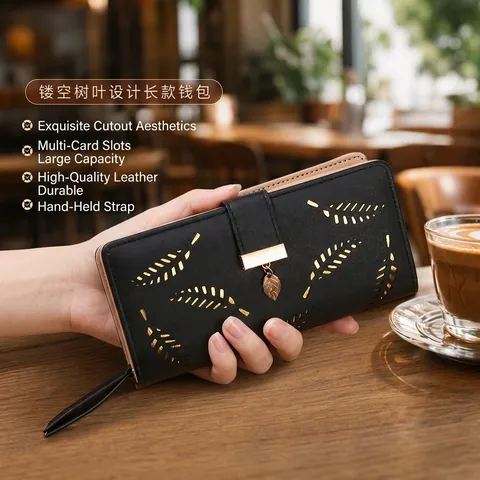 Women Long Wallet PU Leather Hollow Leaf Design Metal Pendant Clutch Bifold Card Holder With Wristlet Strap