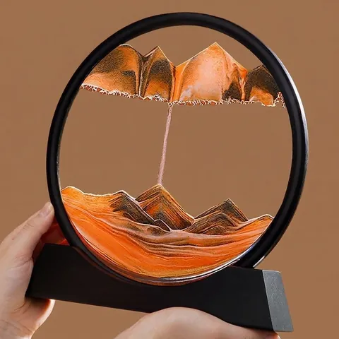 Cuadro de Arte de Arena en Movimiento Moderno Vidrio Redondo 3D Pintura de Arena Móvil Paisaje de Arena Decoración Alivio del Estrés Adorno de Escritorio